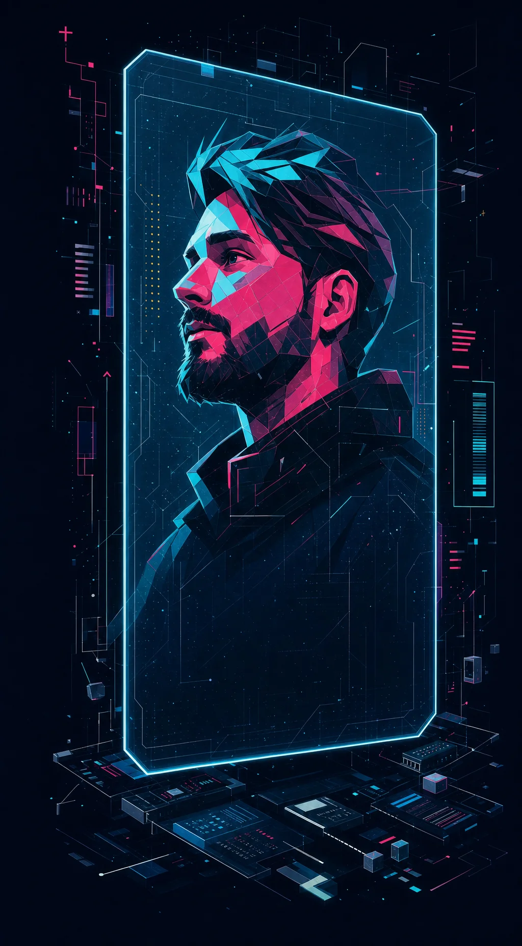 Holografisches Identitäts-Panel mit einem Low-Poly-Porträt von Tomas Weissenböck über einer Platinenlandschaft