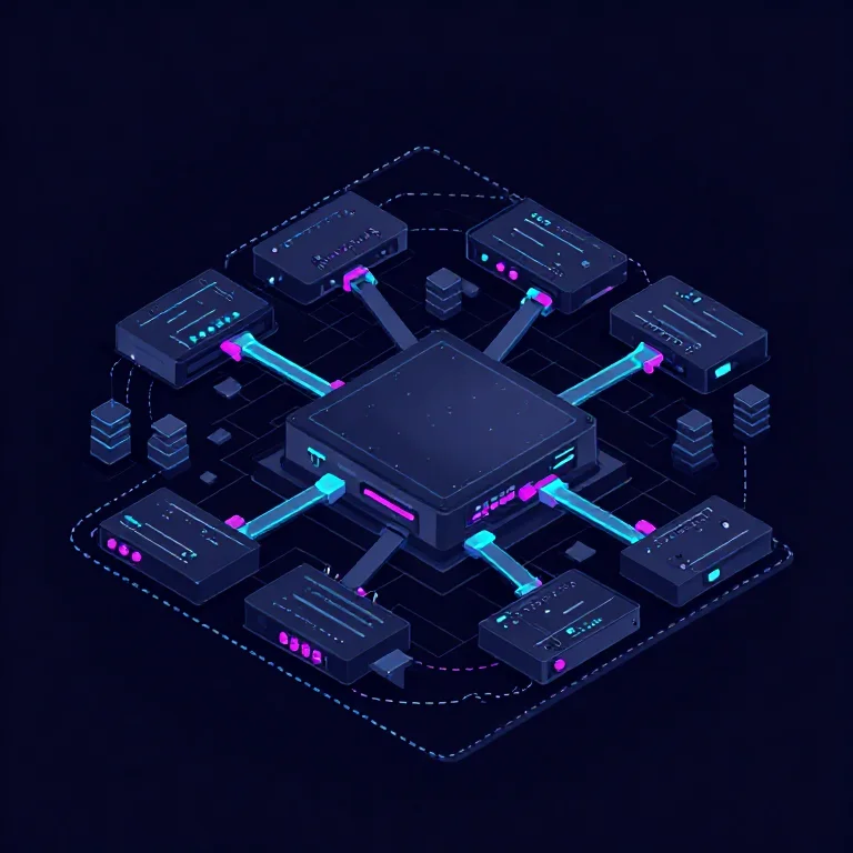 Isometrisches Diagramm eines modularen Plugin-Systems um einen zentralen Laufzeit-Block