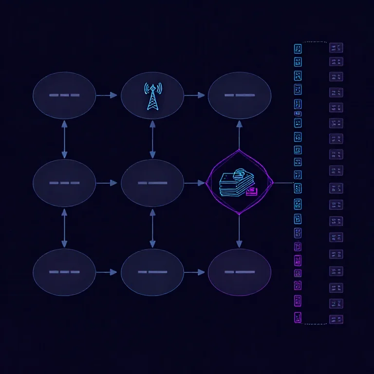 Prozessdiagramm einer Telekommunikations-Middleware mit Funkmast und SIM-Karten-Symbolen