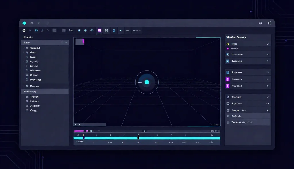 Editor-Oberfläche einer Game Engine mit 3D-Viewport, Hierarchie- und Inspector-Panel