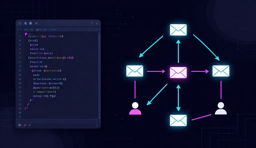 Code-Editor neben einem Aktorensystem-Diagramm mit Nachrichtenflüssen