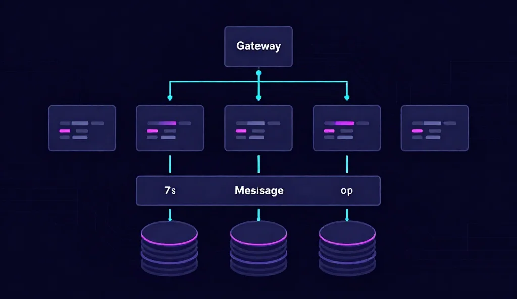 Architekturdiagramm mit Gateway, Services, Message Queue und Datenbanken