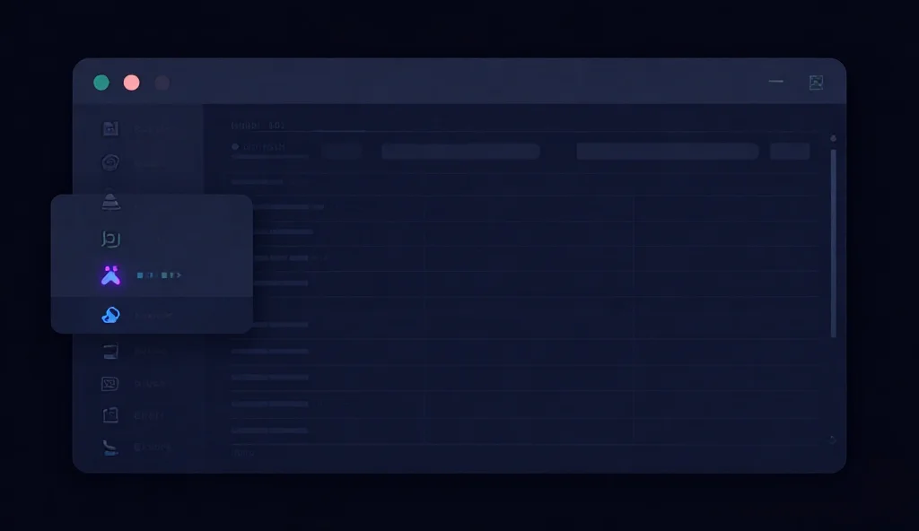 Dunkles Desktop-Anwendungsfenster mit Navigationsleiste, Datentabelle und Dialog